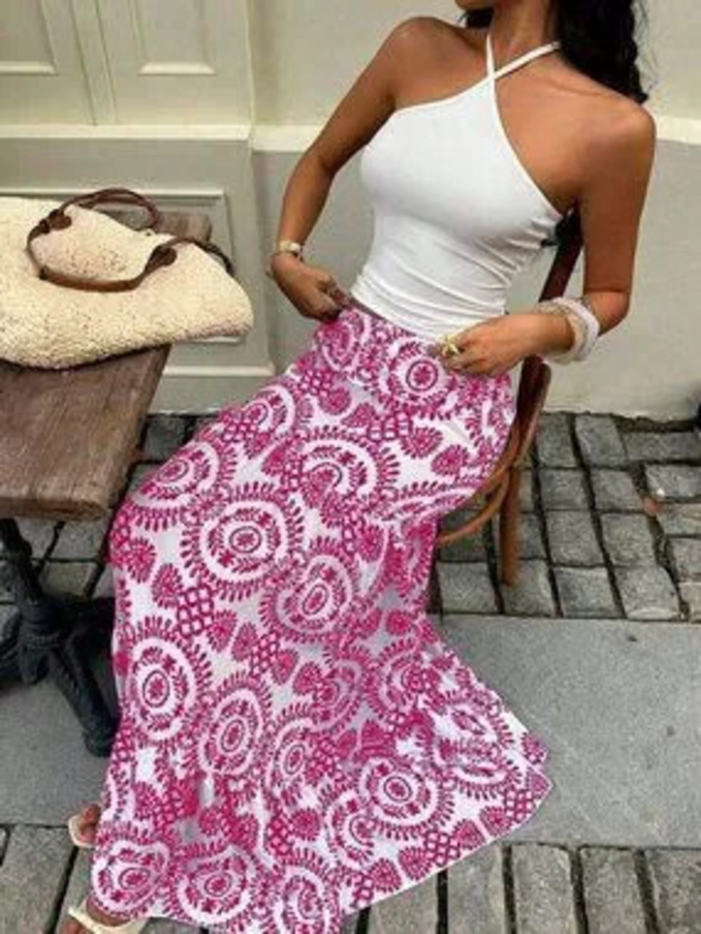 Hot Pink Boho Women's Vacation Plant Print Elastic Waist Ruffle Hem Casual Skirt
